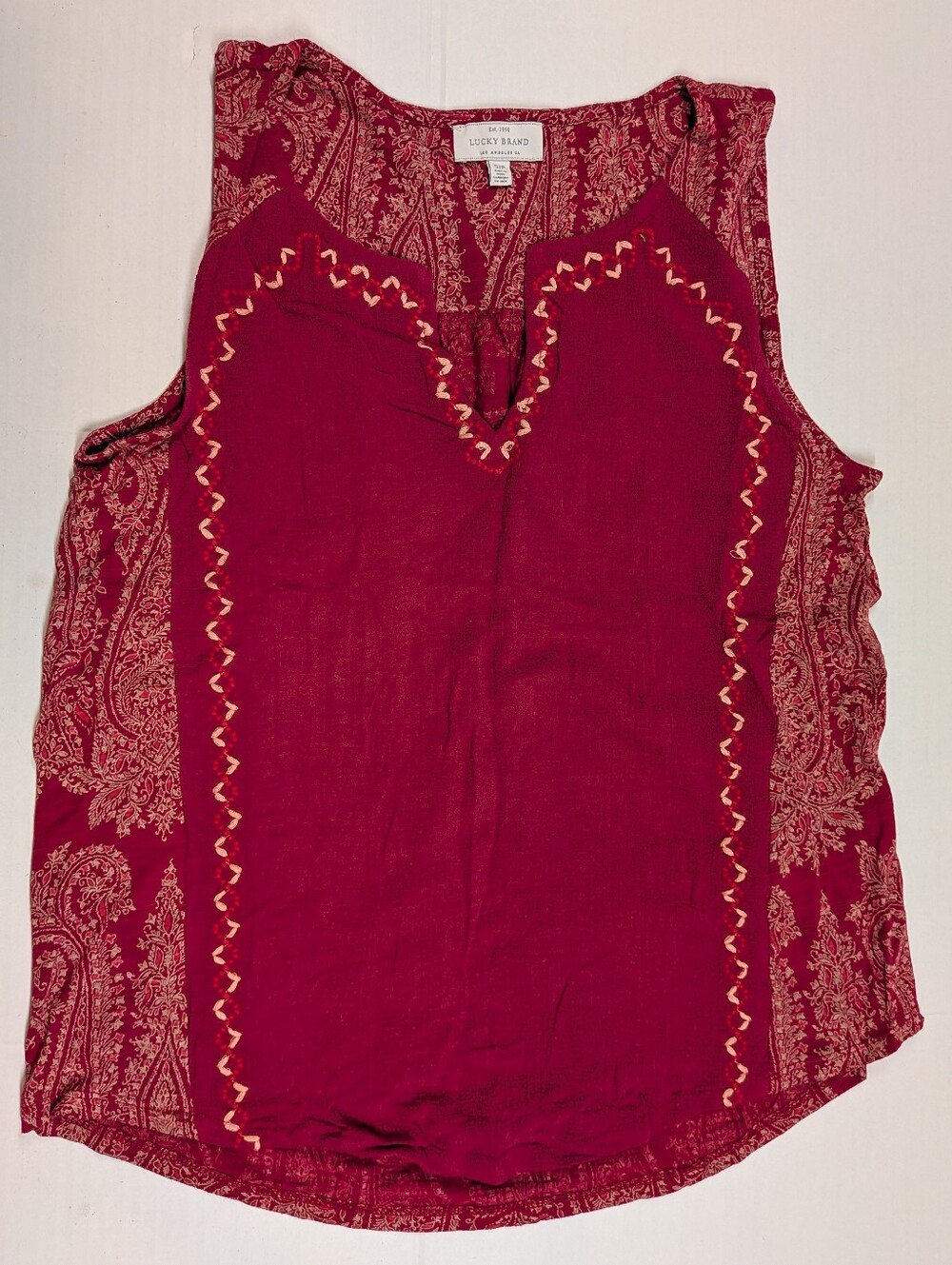 Lucky Brand Tank Top Red Embroidered Paisley Gauze